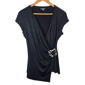 Cache Black Surplice Buckle Detail Short Sleeve Acetate‎ Blend Top Y2K